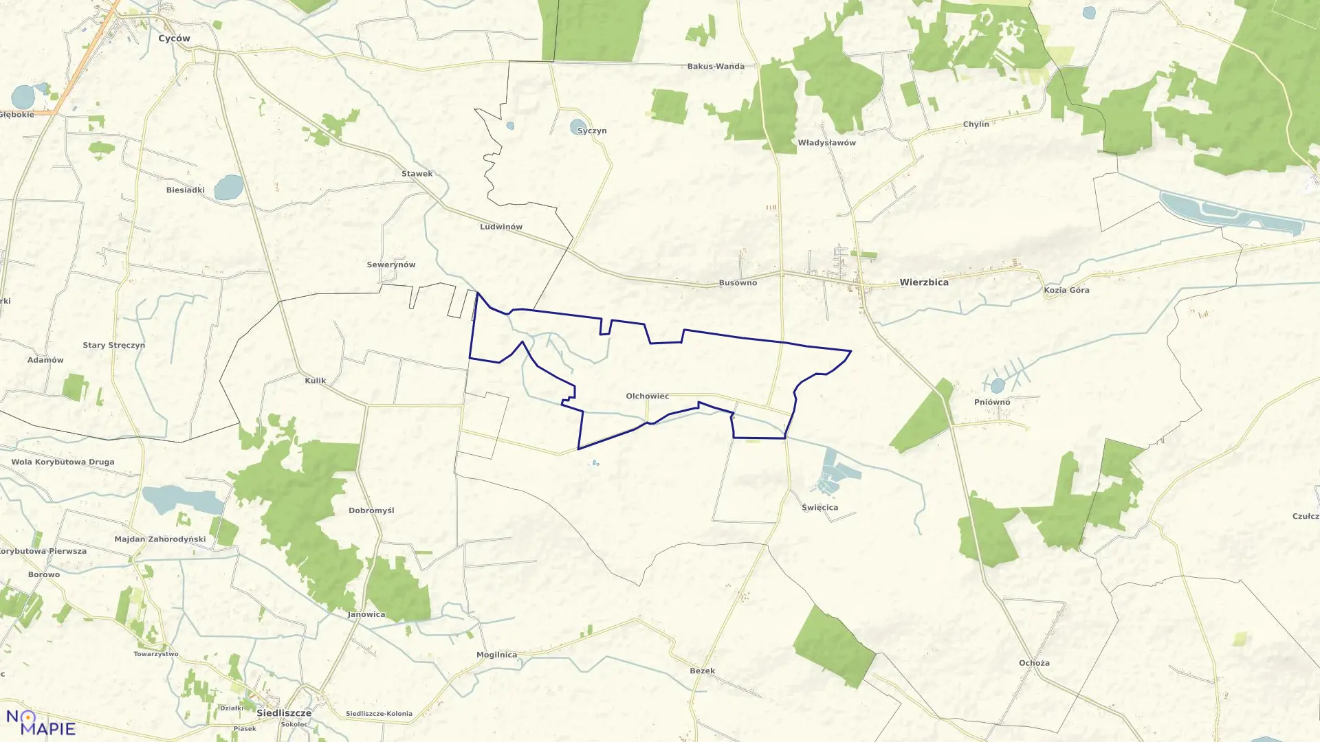 Mapa obrębu OLCHOWIEC w gminie Wierzbica